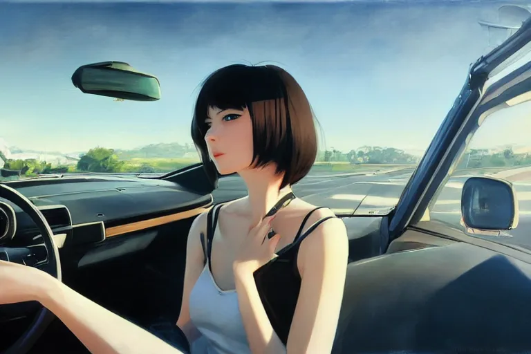 Image similar to A ultradetailed beautiful portrait panting of a stylish girl driving a car, bright sunny day, Oil painting, by Ilya Kuvshinov, Greg Rutkowski and Makoto Shinkai