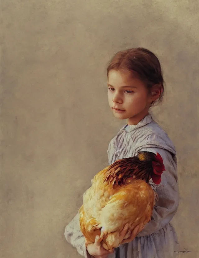 Image similar to portrait of little peasant girl holding a chicken, cottage core, cinematic focus, polaroid photo bleached vintage pastel colors high - key lighting, soft lights, foggy, by steve hanks, by lisa yuskavage, by serov valentin, by tarkovsky, 8 detailed, oil on canvas