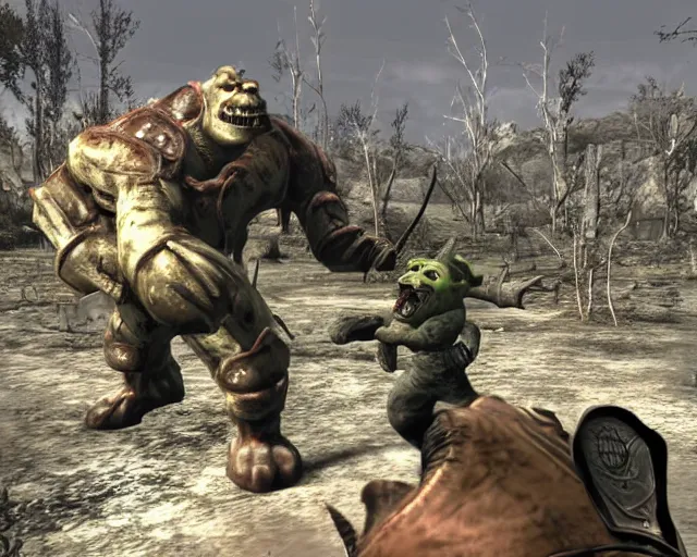 Prompt: screenshot from fallout 3 of shrek fighting a deathclaw, ray tracing, photorealistic graphics, nuka cola factory, swamp vs radiation,