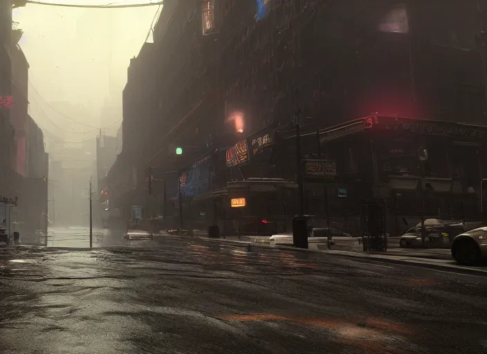 Image similar to dark, misy, foggy, flooded new york city street in Destiny 2, liminal creepy, dark, dystopian, highly detailed 4k in-game screenshot leak datamine from reddit