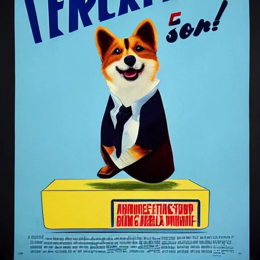 Prompt: a teaser poster of an american sitcom from the 50s, the protagonist is a corgi dog, 1950, poster