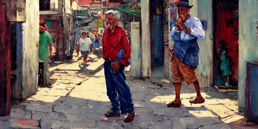 Image similar to old man on street corner in favela painting by vladimir volegov, norman rockwell, tom of finland, coherent high res clarity, trending on artstation