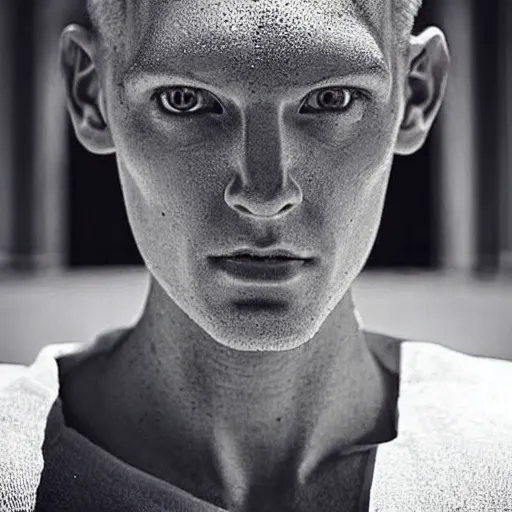 Image similar to “a realistic detailed photo of a guy who is an attractive humanoid who is half robot and half humanoid, who is a male android, Kevin Magnussen, shiny skin, posing like a statue, blank stare”