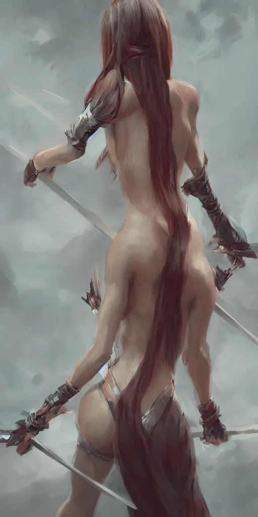 Image similar to back of beautiful girl, holding two swords. by wlop. artstation contest winner, cinematic paint. lower shot