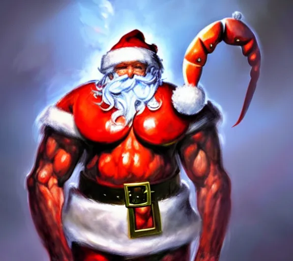 Prompt: magic : the gathering fantasy character concept art of the great anthropomorphic lobster wearing santa outfit by franz frazetta, high resolution. a clear portrait of powerful lobster wearing a santa outfit, magical christmas fantasy in background, fantasy coloring, intricate, digital painting, artstation, smooth, sharp focus