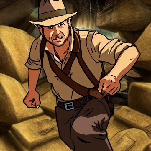 Image similar to Indiana Jones being chased by a boulder trap underground, boulder chase, inside ancient stone temple background, Indiana Jones running away from big round stone, raiders of the lost ark, detailed background, anime key visual