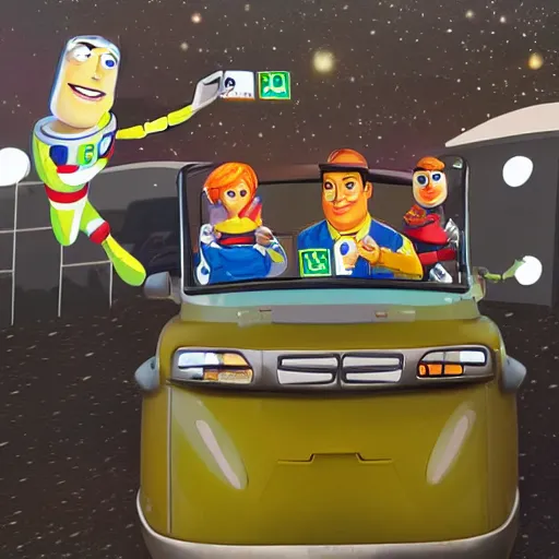 Prompt: a mcdonald's drive through in the moon starring lightyear steampunk style