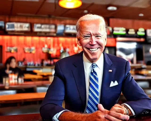 Image similar to a photo of joe biden at applebee's, asian wonton tacos, detailed face, ambient lighting, professional photography, 4 k ultra