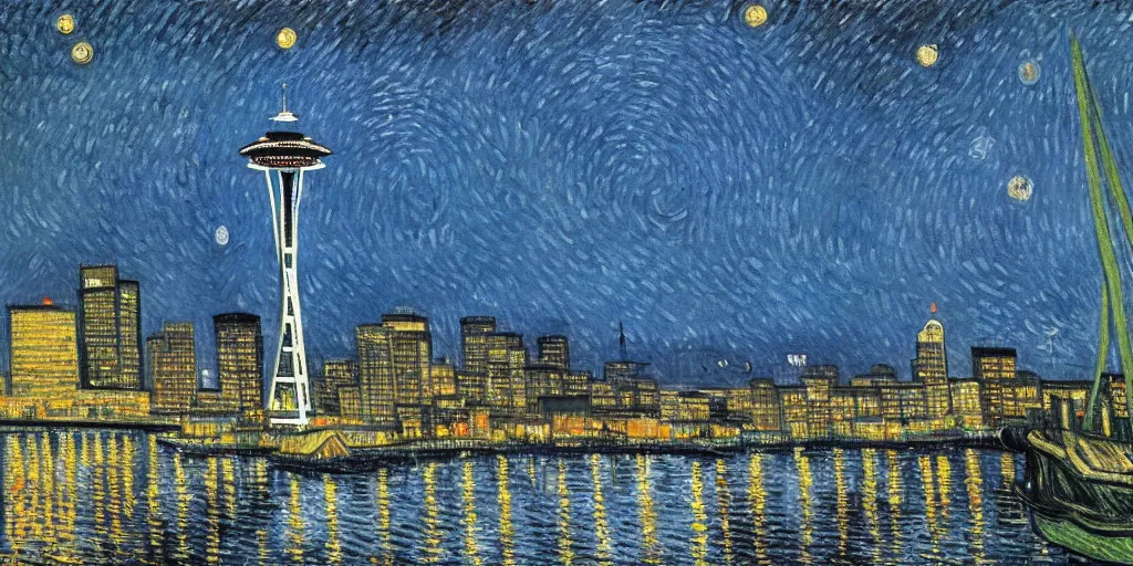 Prompt: downtown Seattle at night, with Space Needle, by VanGogh, detailed