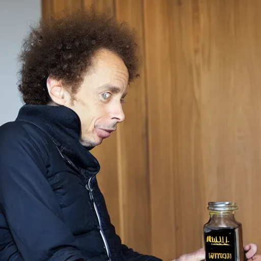 Image similar to Malcolm Gladwell sniffing from a jar with smell lines coming from it