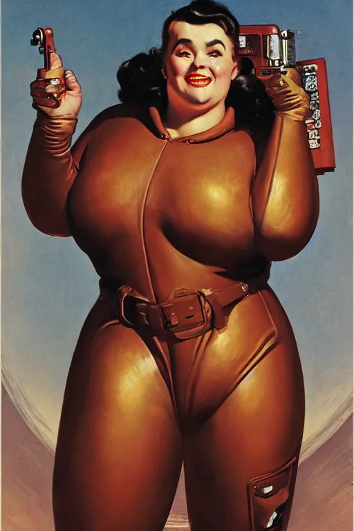 Prompt: 5 0 s pulp scifi fantasy illustration full body portrait cheerful overweight woman in leather spacesuit on mars, by norman rockwell, roberto ferri, daniel gerhartz, edd cartier, jack kirby, howard v brown, ruan jia, tom lovell, frank r paul, jacob collins, dean cornwell, astounding stories, amazing, fantasy, other worlds