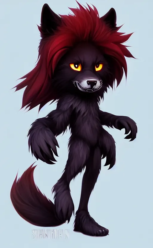 Image similar to character concept art of a black anthropomorphic male furry wolf long red hair | | cute - fine - face, pretty face, key visual, realistic shaded perfect face, fine details by stanley artgerm lau, wlop, rossdraws, james jean, andrei riabovitchev, marc simonetti, and sakimichan, trending on artstation