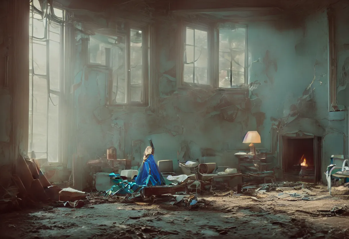 Image similar to intimate photograph of one single lone solitary cerulean and brown decaying futuristic robot lying on a frayed fainting couch in front of a beautiful fireplace with a cozy fire, in a dusty Victorian home, soft morning light seeping in a window, with cinematic lighting and lens flare, tall ceiling, octane render, cgsociety, by Simon Stalenhag and Rouhollah Toghyani and Sylvian Boussiron and Alfonso Cuaron, highly detailed closeup portrait, award-winning highly detailed 8k anamorphic closeup tight cinematic movie photograph
