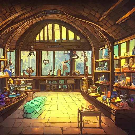 Image similar to inside a magical item shop, fantasy potion vendor interior, ufotable studio art style, wide angle, gothic interior