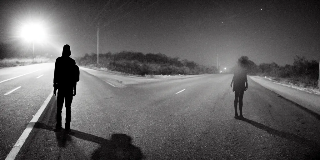 Image similar to a shadow person hitchhiker on the side of the road, eerie, horror movie, scary, candid photography, dark, night time