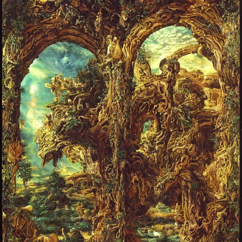 Prompt: the portal to mysterious adventure. decorated with foliage, faberge, and filigree. pulp sci - fi art for omni magazine. cosmic. baroque period, oil on canvas. renaissance masterpiece