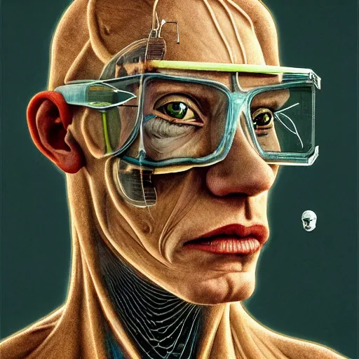 Prompt: Colour Hieronymus Bosch style Photography of Man with transparent skin with highly detailed 1000 years old face wearing highly detailed sci-fi glasses designed by Josan Gonzalez. Many details . In style of Josan Gonzalez and Mike Winkelmann and andgreg rutkowski and alphonse muchaand and Caspar David Friedrich and Stephen Hickman and James Gurney and Hiromasa Ogura. Rendered in Blender and Octane Render volumetric natural light