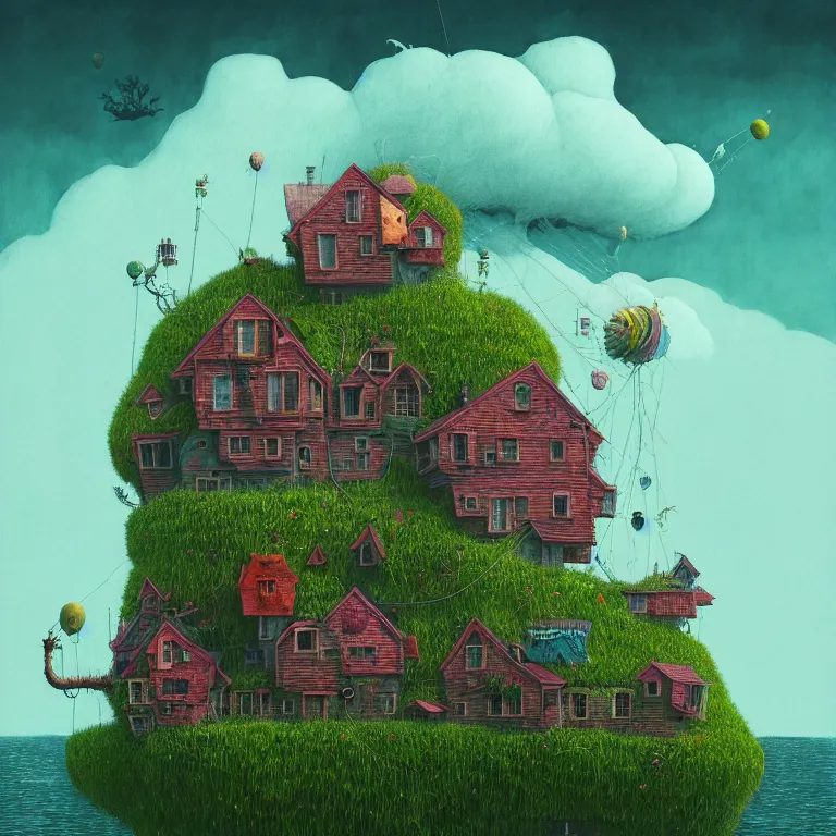 Image similar to house on island, sea cloud, surreal art by gediminas pranckevicius, geof darrow, dark shadows, hard lighting, floralpunk, inking, etching, screen print, masterpiece, trending on artstation, sharp, colorful high contrast hd, 8 k hyper detailed