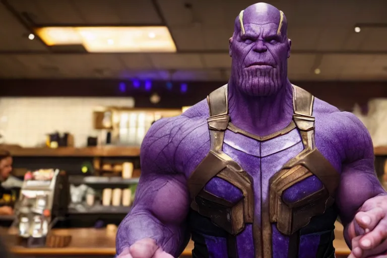 Image similar to a film still of thanos working as a starbucks barista in an upcoming movie, 4 k
