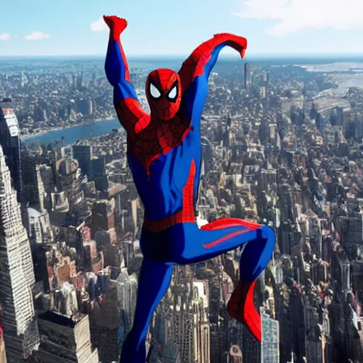 Image similar to marvel spider - man arms out from back standing on top of the empire state building