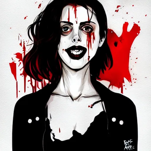 Prompt: Rafael Albuquerque comic cover art, loish, artgerm, pretty female Alison Brie serial killer holding bloody knife, blood on clothes and face, sarcastic smile, symmetrical eyes, symmetrical face, full body, jean jacket, jeans, short blonde hair, middle shot, highly saturated, deep blacks