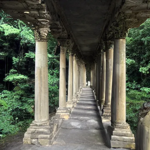 Prompt: the colonnade of the ancient cathedral in the jungle, death