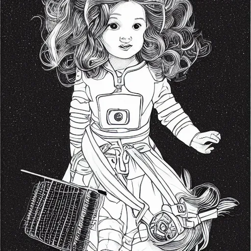 Image similar to clean simple line art of a cute little girl with a short brown wavy curly hair. she is dressed as an astronaut. no background. well composed, clean coloring book page, beautiful detailed face. coloring book line art by artgerm and greg rutkowski and johanna basford and alphonse mucha