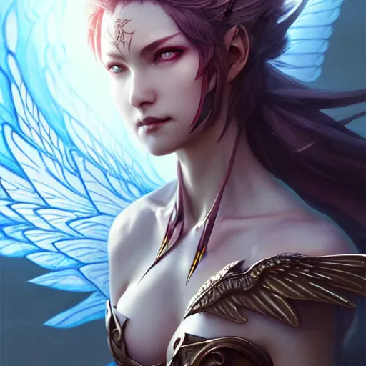 Image similar to 3 / 4 view of a warrior woman with wings, pixie character, video game genshin impact,, intricate, elegant, sharp focus, illustration, highly detailed, concept art, matte, art by wlop and artgerm and greg rutkowski, anime, h 6 4 0