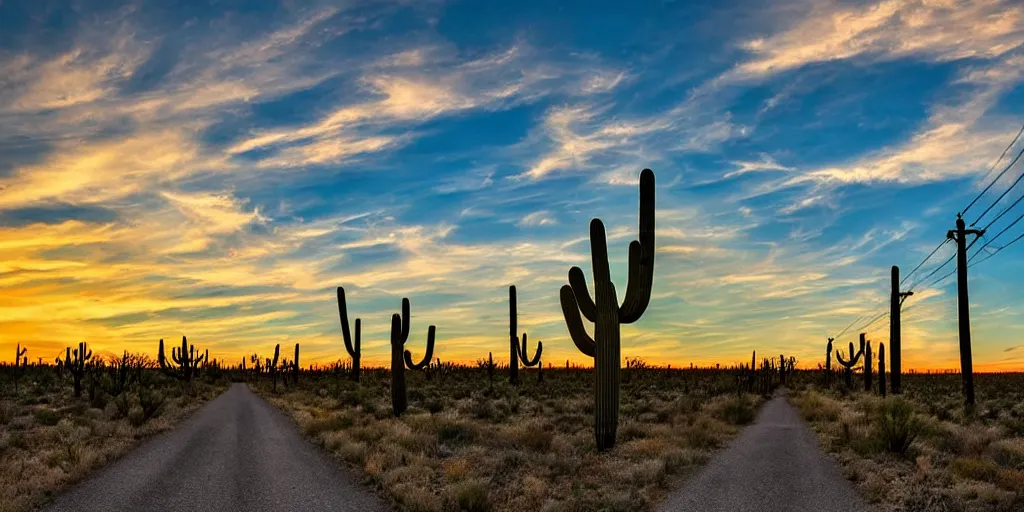 Image similar to long road telephone poles clouds sunset desert cactus photography HDR 8k