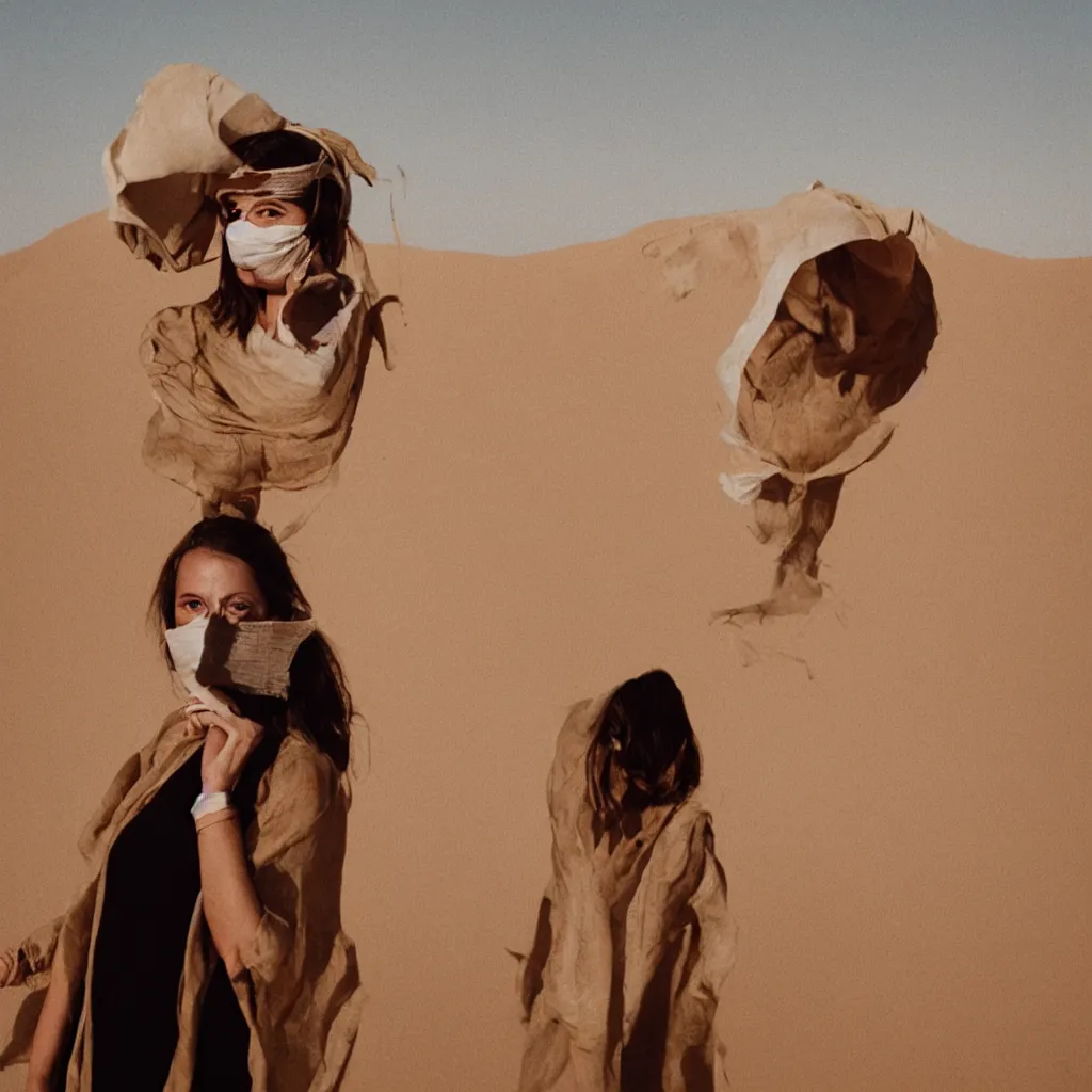 Prompt: a portrait photography of a woman wearing a mask made of paper and linen, in a desert, golden hour, cinematic, Kodak Portra 800 film