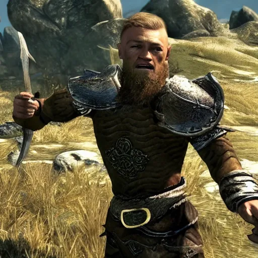 Image similar to attacking screenshot of conor mcgregor in skyrim, elf armor, ps 3 graphics, npc talking, wilderness, 1 0 8 0 p, bokeh, elder scrolls v, detailed, dialog text