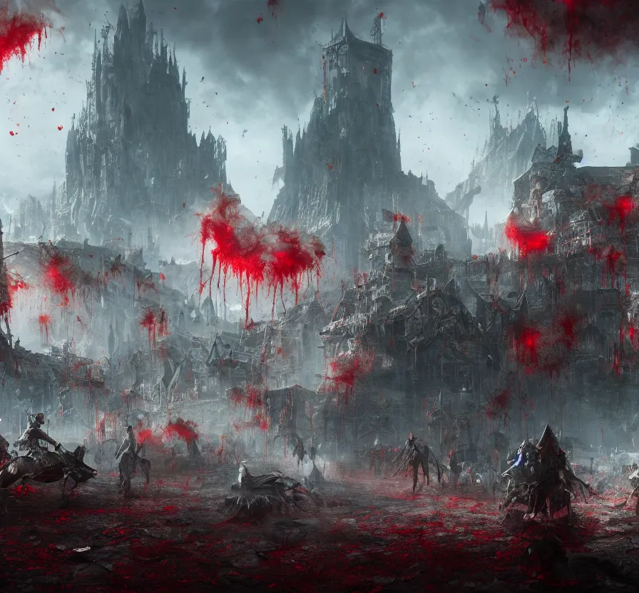 Prompt: blood rain in town, fantasy artwork, very beautiful scenery, hd, hdr, ue 5, ue 6, unreal engine 5, cinematic 4 k wallpaper, 8 k, ultra detailed, by popular digital artist,