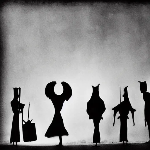 Prompt: la marche harmonique, dakr abstract blurry black and white disturbing old photograph full of mysterious black silhouettes, tim burton