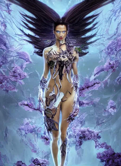 Image similar to portrait of Adriana Lima as a everreaching Goddess of despair, a futuristic diety, inside future fighter, sci-fi, fantasy, intricate, lush garden spaceship with sakura season flowers, elegant, human anatomy, royal green and nature light, highly detailed, digital painting, artstation, concept art, smooth, sharp focus, illustration, art by tian zi and WLOP and alphonse mucha, masterpiece, 3d blender