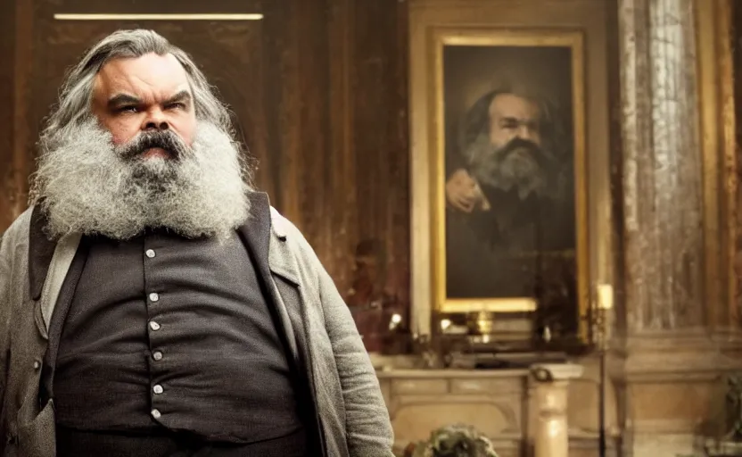 Image similar to Jack Black as Karl Marx in 'Marx' (2018), movie still frame, oscar nominated cinematography, volumetric lighting, 8k resolution, beautiful composition