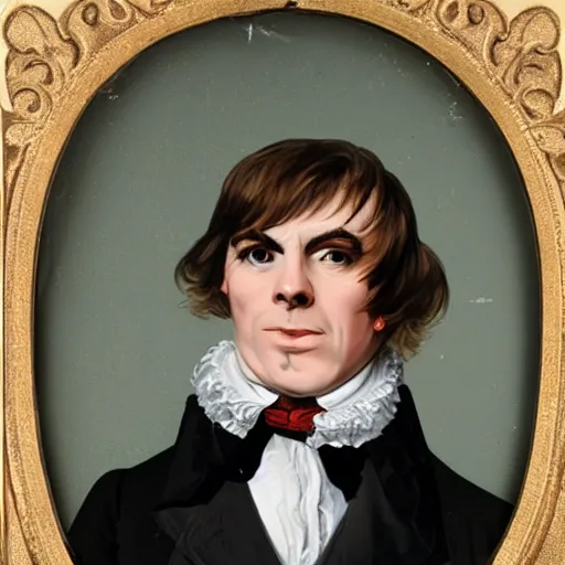 Prompt: old victorian portrait of austin powers, wearing a powdered wig, wearing a ruffled shirt