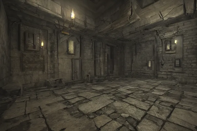 Image similar to inside a haunted dungeon, First person horror game, unreal engine