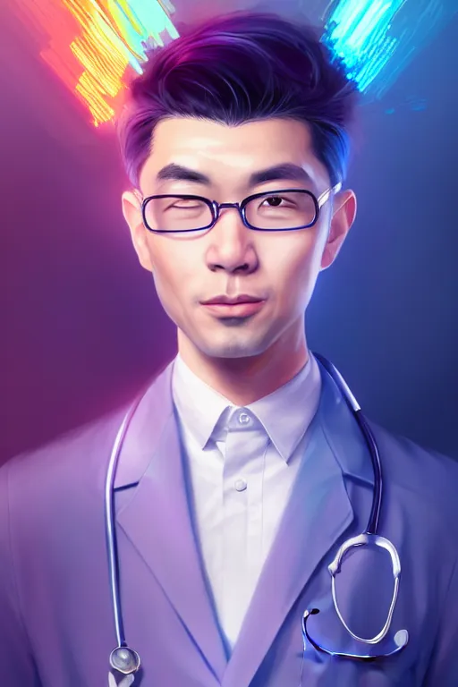 Image similar to character design, a handsome young doctor with silver hair, chinese mixed canadian ancestry, blurred environment background, colorful magic effects, white skin, portrait, male, clothed, sharp focus, digital art, concept art, trending on artstation, dynamic lighting, by emylie boivin and rossdraws