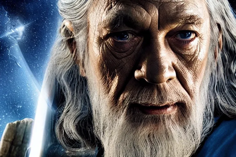 Prompt: promotional image of gandalf as captain kirk in the new star trek movie, detailed face, movie still frame, promotional image, imax 70 mm footage