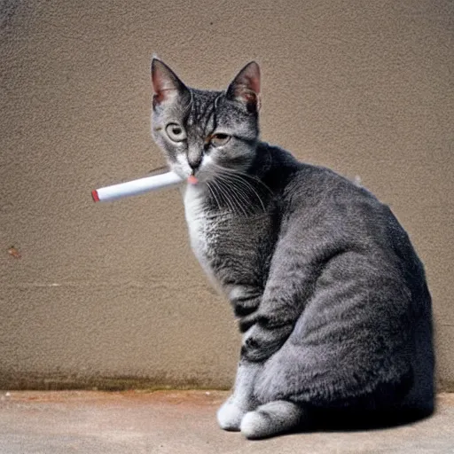 Prompt: a grey manx cat smoking a cigarette, photograph