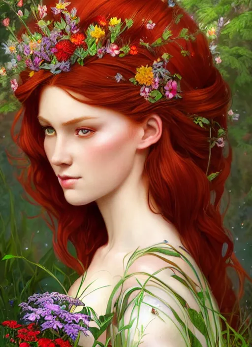 Prompt: a beautiful red haired woman as a fairy princess in a garden holding a bouquet of wild flowers, deep focus, d & d, fantasy, intricate, elegant, highly detailed, digital painting, artstation, concept art, matte, sharp focus, illustration, hearthstone, art by artgerm and greg rutkowski and alphonse mucha