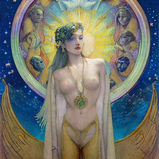 Prompt: queen of the moon with stars in her hair, by annie swynnerton and tino rodriguez and donato giancola and diego rivera and nicholas roerich and jean delville and charlie bowater and dulac, dramatic lighting, god rays, geometric tattoos, rich colors, smooth sharp focus, extremely detailed, leo and diane dillon, adolf wolfli