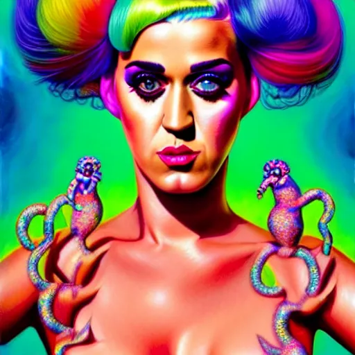 Image similar to an extremely psychedelic portrait of katy perry, surreal, lsd, face, detailed, intricate, elegant, lithe, highly detailed, digital painting, artstation, concept art, smooth, sharp focus, illustration, art by jason edmiston