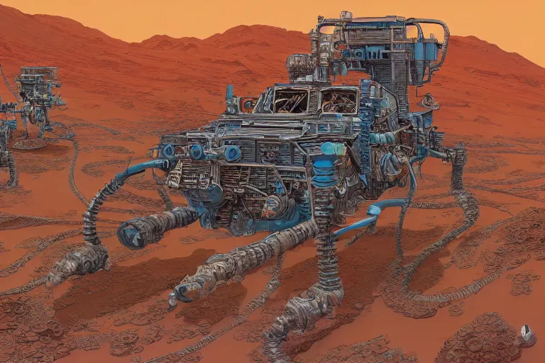 Prompt: a detailed painting of a martian hot - rod, billowing fractal dust in the background, by moebius and geof darrow, cinematic, concept art, detailed, intricate lines, trending on artstation