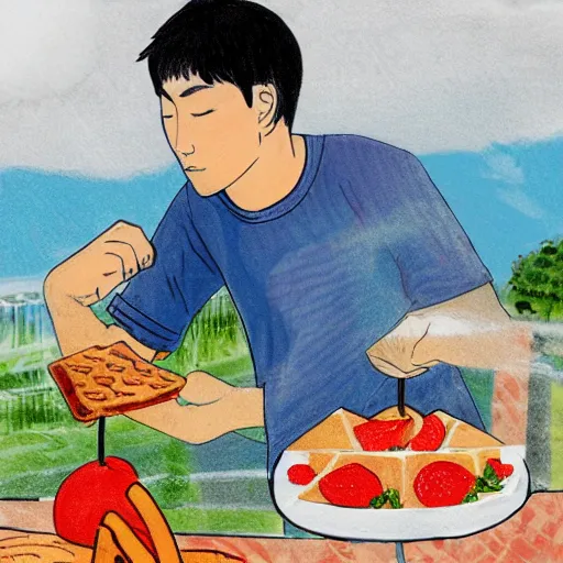 Prompt: a crudely drawn sad teenage boy wearing balenciaga is eating fresh fruit waffles outside the seaside cafe on a cloudy day korean propaganda art.