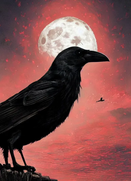 Image similar to portrait, A crow in front of the full big moon, book cover, red white and black colors, establishing shot, extremly high detail, foto realistic, cinematic lighting, pen and ink, intricate line drawings, by Yoshitaka Amano, Ruan Jia, Kentaro Miura, Artgerm, post processed, concept art, artstation, matte painting, style by eddie mendoza, raphael lacoste, alex ross