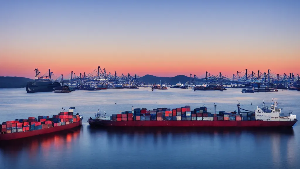 Prompt: a photo of a port with ships taken with a blue hour lighting
