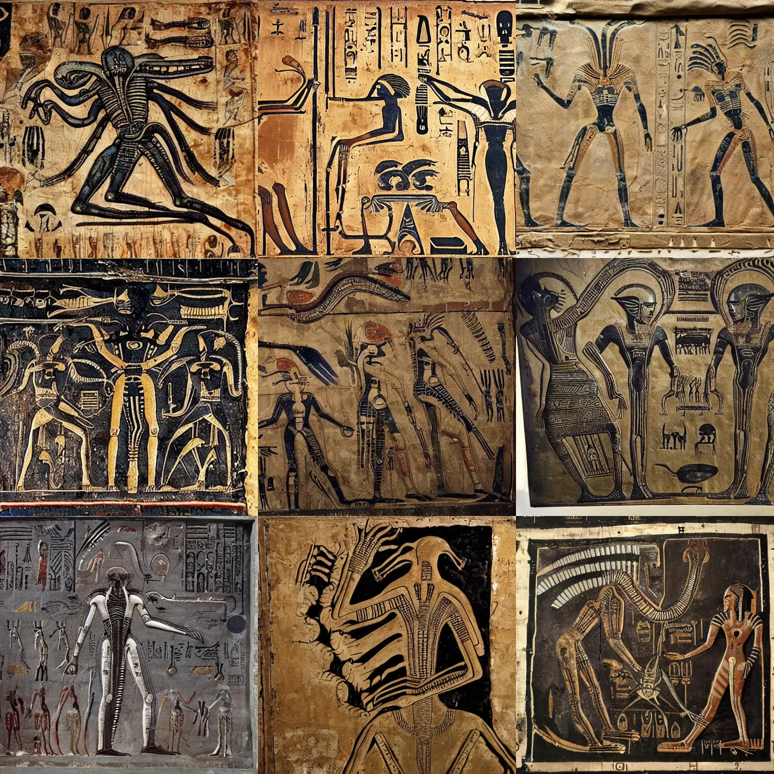 Prompt: [ xenomorph ] [ giger ] [ alien ] from movie aliens painted on highly intricate ancient egyptian mural art, with many hieroglyphs