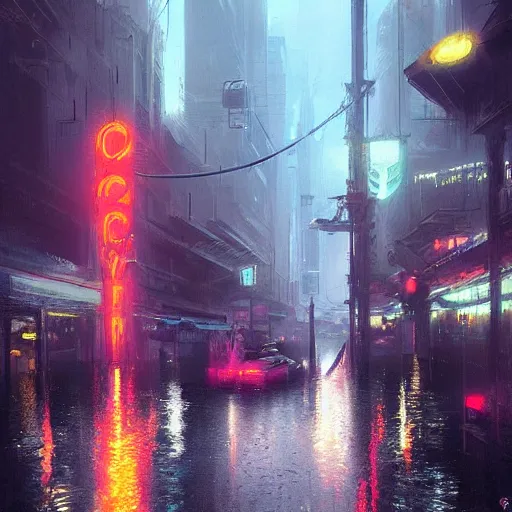 Image similar to concept art of a city flooded with neon lights, by greg rutkowski