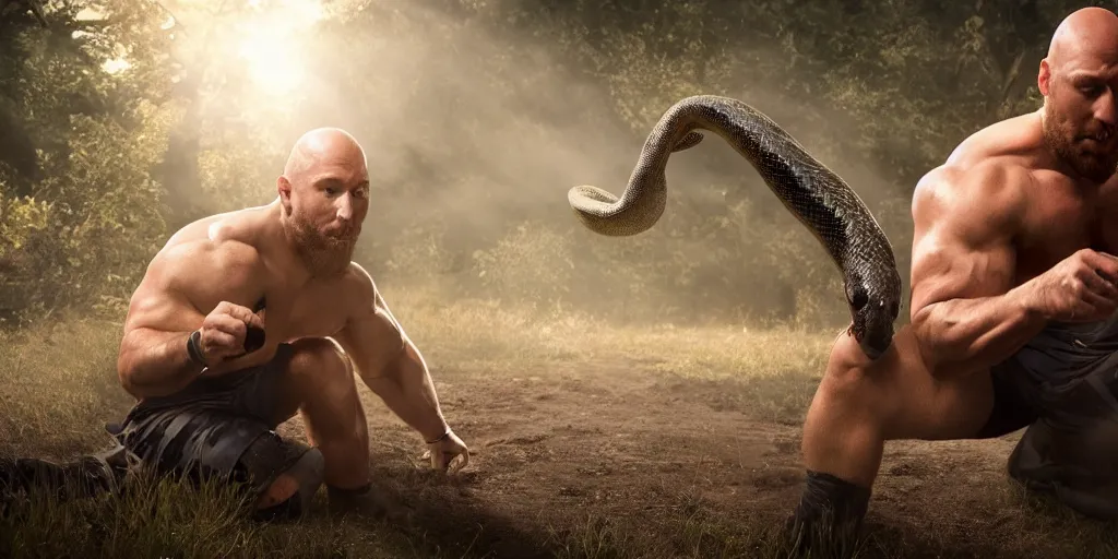 Image similar to Ryback wrestling a snake outdoors, photorealistic, hyperrealistic, ultra hd, cinematic lighting, artstation, award-winning, 4k, leica sl2 30mm, beautiful color, high quality, high textured, lens flare